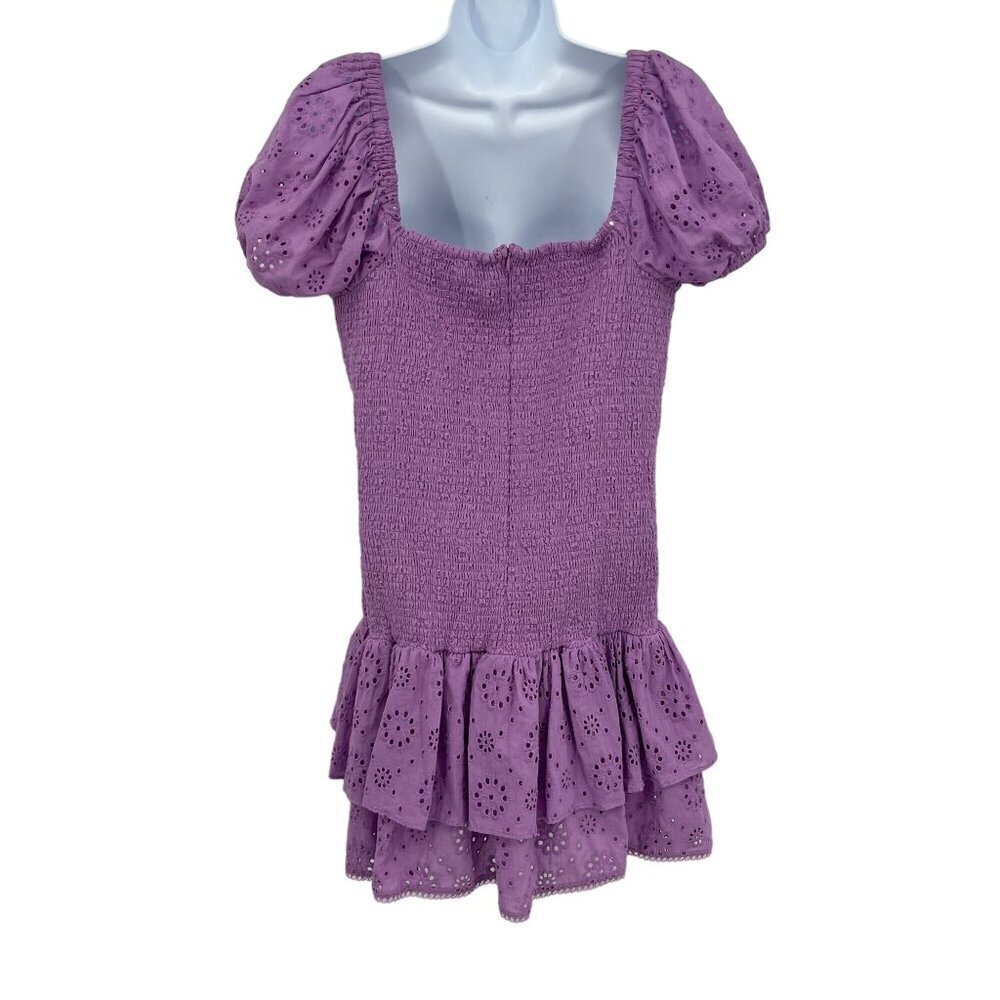 NEW Likely Tayaisha Dress Violet Eyelet Smocked Puff Sleeves Mini Dress 14 - Picture 4 of 12